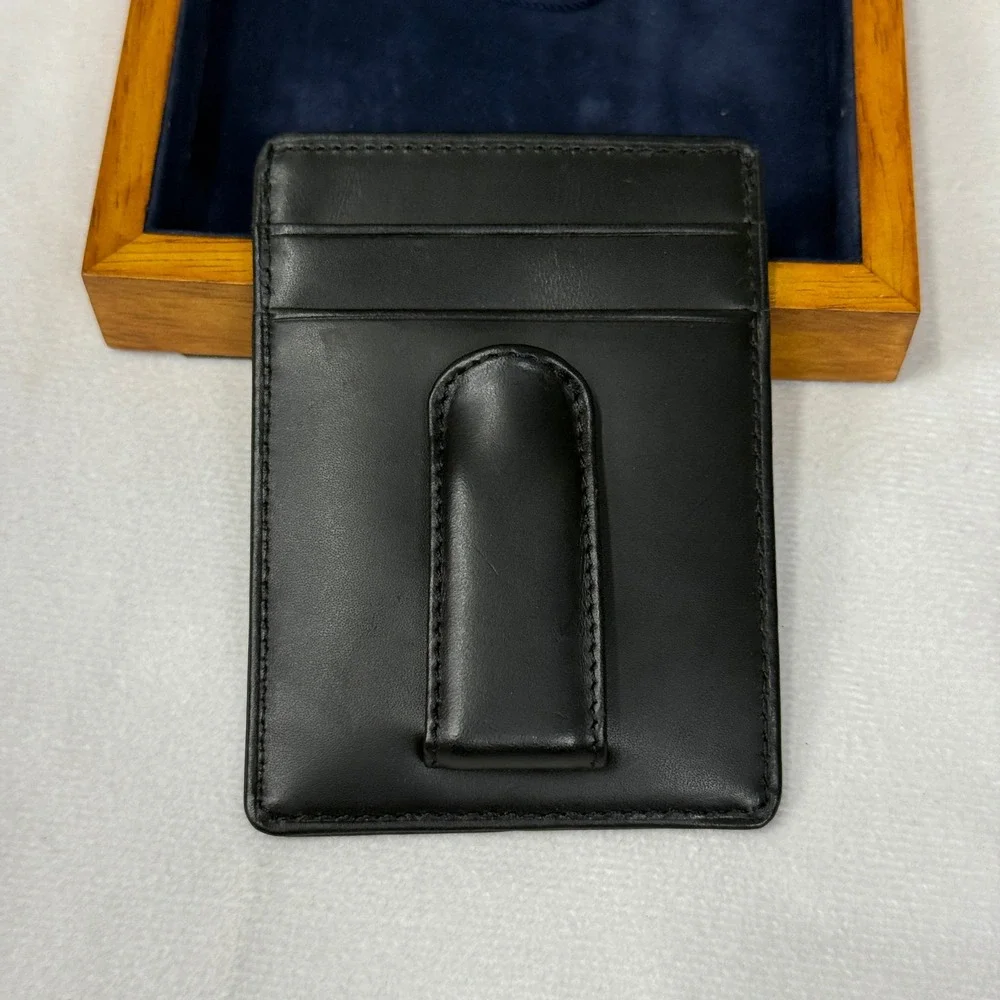 Nautica Mens Black Leather‎ Card Holder Wallet Money Clip With Wooden Box